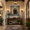 Mexican Metal Frame Tile Mirror Blue Floral Pattern in house entry as central focal point above console table