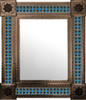 Mexican copper colorized metal frame tile mirror with blue floral pattern