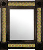 Rectangular Talavera tile mirror with blue yellow floral pattern with dark coffee finish metal frame