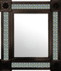 Rectangular Mexican Talavera tile mirror with blue yellow floral pattern and coffee punched metal frame