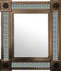 Rectangular Mexican Talavera tile mirror with blue yellow floral pattern and copper color punched metal frame