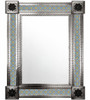 Rectangular Mexican Talavera tile mirror with blue yellow floral pattern and natural punched metal frame