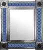 Rectangular Talavera tile mirror with blue white floral pattern and natural finish frame, ceramic tile border around central glass panel
