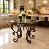 Wrought iron table stand for round square tabletop in a luxury kitchen with a clear glass top