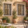 Black wrought iron window guard with scroll top design in a Mediterranean courtyard