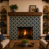 Cobalt terracotta lattice talavera tile decorating a fireplace surround in a bright, well-lit living room