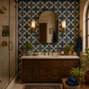 Cobalt terracotta lattice talavera tile used on a bathroom wall with natural light and artisan character