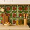Red petal lattice talavera tile in a bright kitchen showing the pattern as an artisan backsplash