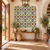 Talavera Mexican tile blue floral cross enhancing a Mediterranean entryway with colorful detail