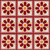 Red daisy Mexican tile design displayed in a 9-tile arrangement showing symmetry and vibrant color contrast