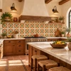 Mexican talavera tile green medallion in a Spanish Revival kitchen with plaster and wood.
