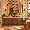 Terracotta border talavera Mexican tile in a hacienda bathroom with stone and brass accents.