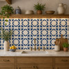 Cobalt curved flourish talavera tile featured on a kitchen backsplash with artisanal Mexican charm
