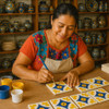 Talavera tile yellow blue diamond mexican artisan hand-painting ceramic tile in sunlit workshop