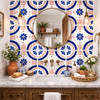 Blue talavera floral medallion tile featured on bathroom vanity wall in Mediterranean interior