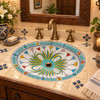 Talavera bathroom sink floral medallion in a colonial bath with woodwork and traditional tile