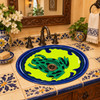 Mexican bathroom sink green frog in a Spanish hacienda bath with carved wood and handmade tile
