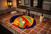 Mexican folk art bathroom sink featured in a restaurant washroom as a vibrant handcrafted focal element