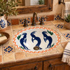 Talavera bathroom sink kokopelli in a rustic vanity with aged wood and handcrafted tile