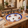 Talavera cobalt petal motif sink in rustic hacienda vanity with carved wood and artisan tile