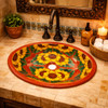 Sunflower talavera bathroom sink featured in a restaurant restroom adding color and artisan character
