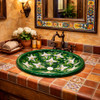 Green calla talavera mexican bathroom sink featured in a restaurant restroom with handcrafted finishes