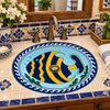 Talavera bathroom sink tropical fish in an artisan tile bath with warm wood and brass details