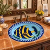 Talavera bathroom sink tropical fish in a rustic hacienda vanity with warm tile and wood accents