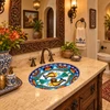Oval talavera bathroom sink orange fish floral border in a rustic hacienda style powder room