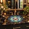 Oval talavera bathroom sink black floral medallion pattern in a black tile bathroom