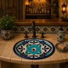 Turquoise medallion talavera bathroom sink featured in a rustic kitchen bar setting.