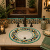 Elegant Mexican bathroom sink with green scrollwork in a Spanish Revival bathroom vanity.