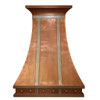 Copper range hood decorated with zinc straps and rivets front view, hammered copper canopy with contrasting metal bands and decorative rivet detailing