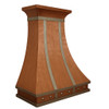 Copper range hood decorated with zinc straps and rivets angled view, hammered copper canopy with contrasting bands and prominent rivet accents
