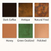 Six patina finish options for smooth and hammered country copper range hood including coffee, antique, natural, honey, oxidized and hand polished finishes
