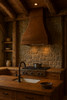 Rustic copper range hood with bell-shape installed in a rustic kitchen