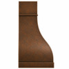 Side view of wall-mount hammered copper range hood with flat back, curved canopy and antique patina