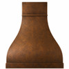 Hand-hammered copper range hood with antique patina, sculptural dome canopy, square chimney and simple trim