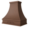 Old European copper range hood with decorative scroll motif side view on white background, lightly hammered copper canopy with warm reddish brown patina and tapered profile silhouette