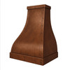 Close up detail view of custom bell copper range hood showing riveted strap construction, handcrafted copper texture, boxed crown molding and deep apron base for luxury kitchen
