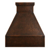Minimalist trapezoidal copper range hood with deep apron, hammered coffee patina, white background