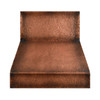 Front view of wide-chimney under-cabinet copper range hood showing boxed top, angled middle and deep apron