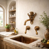 Ornate cherub wall-mounted brass faucet with classic European design in a kitchen
