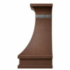 Side view of hammered copper bell range hood with antique patina, zinc crown band and flared profile