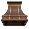 Underside of hammered copper bell range hood showing empty opening for buyer-supplied ventilation insert