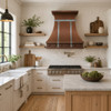 Hammered copper bell range hood with zinc straps in modern farmhouse kitchen with oak, white cabinets and tile