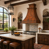 Hammered Hacienda copper range hood in a Spanish Colonial kitchen with Talavera tile, dark wood and plaster walls