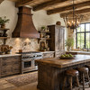 Hammered Hacienda copper range hood in a Rustic European kitchen with reclaimed timber, stone walls and natural light
