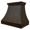 Close up hand hammered oil rubbed bronze copper range hood with riveted straps and dark patina