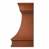 Wall-mount bell-shape rustic hammered copper range hood with curved profile, flat back and natural fired patina